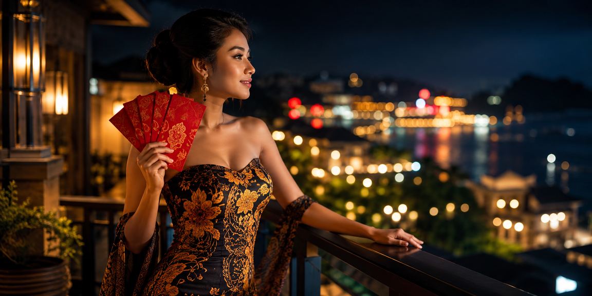 Model perempuan Vietnam memegang amplop merah bonus hari raya dengan penuh senyum