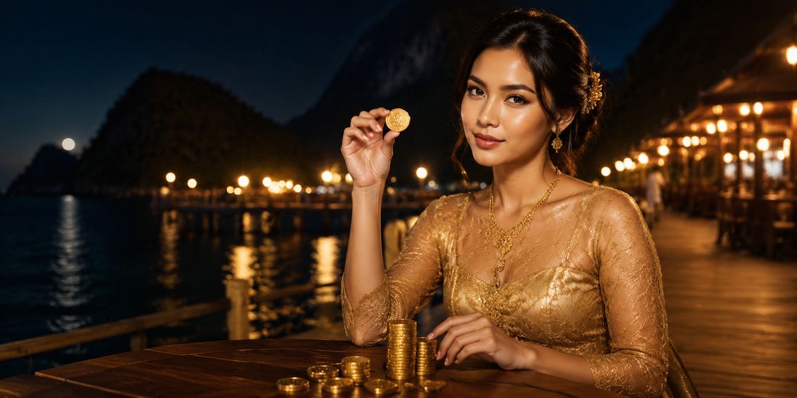 Model perempuan Vietnam berpose percaya diri memegang kartu bonus VIP eksklusif