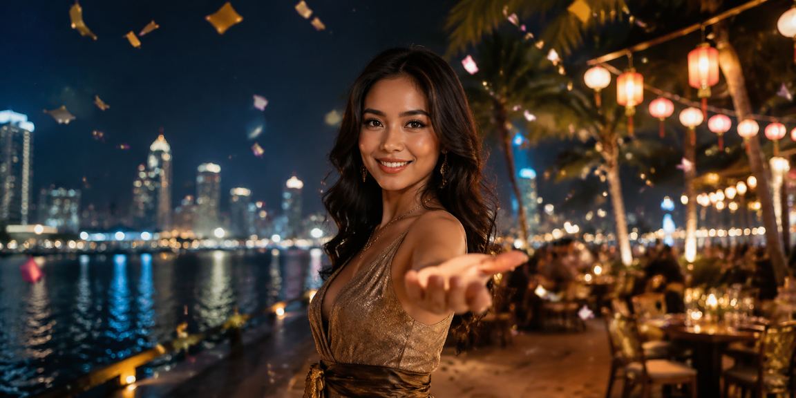 Suasana malam pasar Vietnam dengan lampu neon kasino yang bersinar meriah